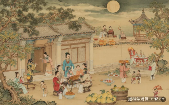 中秋夜：家人团聚赏月、祭月与月饼柚子（AI 生成意境插图）