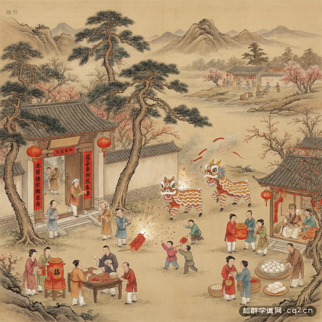 村落年俗：舞狮、放爆竹、拜年与年节饮食（AI 生成意境插图）