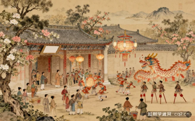 元宵灯会：赏花灯、舞龙灯与踩高跷（AI 生成意境插图）